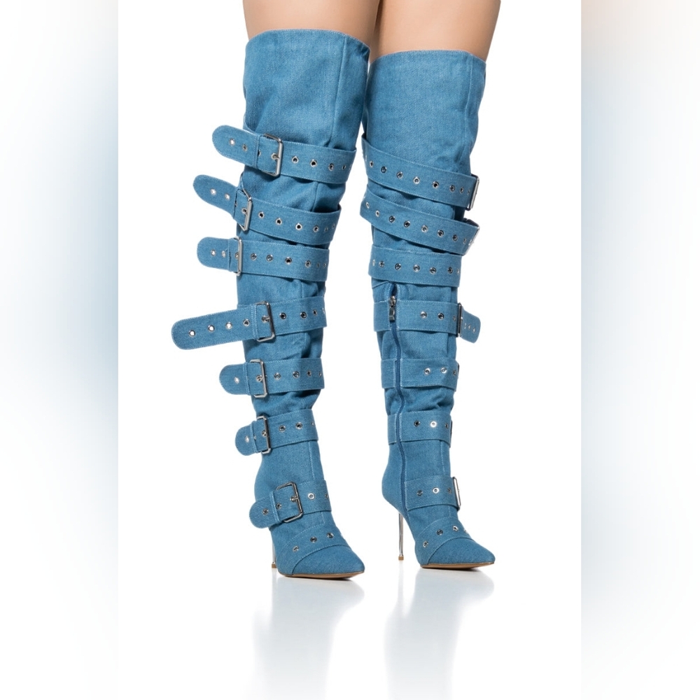 Azalea Wang Denim Over-the-Knee Belt Boots